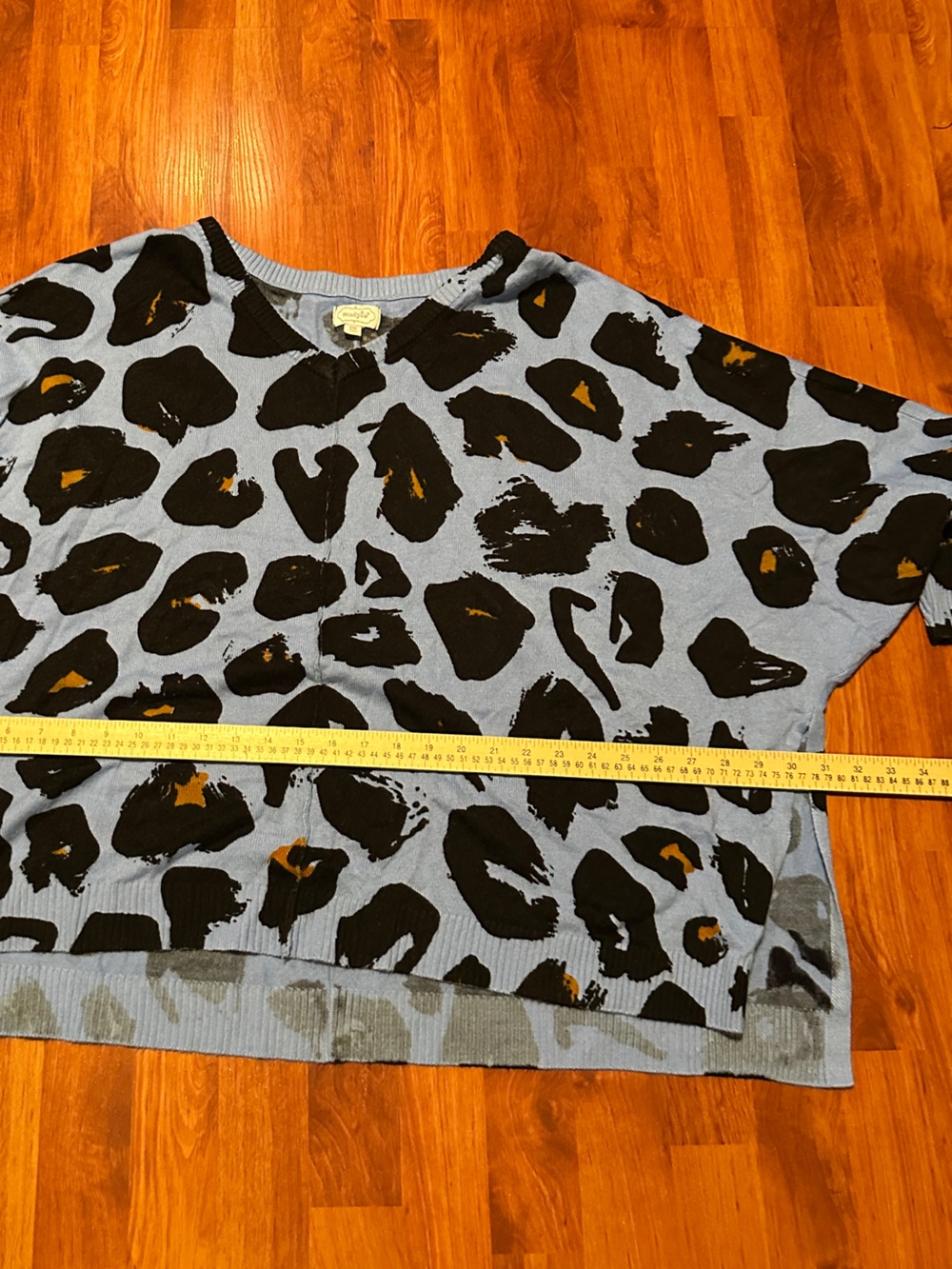 Mud Pie Blue Animal Print V-Neck Sweater with Black and Mustard Spots - Picture 4 of 6